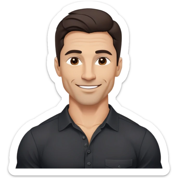 Very fit muscular 40-year-old with youthful looks, light brown skin, elongated face, strong defined jawline, charming confident smile, medium dark eyes, arched eyebrows, straight nose, buff physique, medium wavy dark hair, wearing a slightly tight black button-up shirt sticker