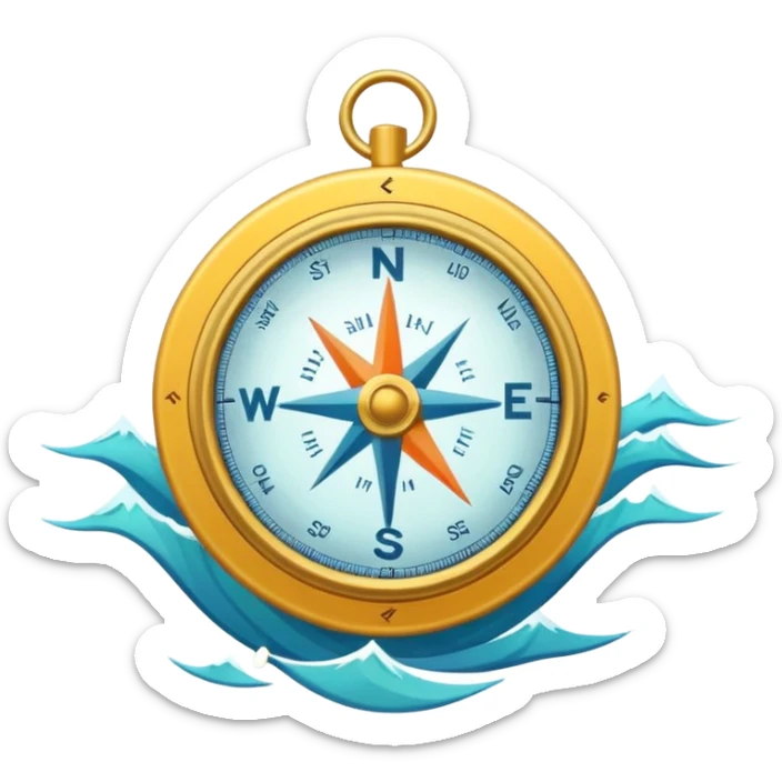 Adventure Finder
A minimal emoji-style compass with ocean waves in the background, representing adventure and exploration. Flat design, bright colors, soft shadows, white background. sticker