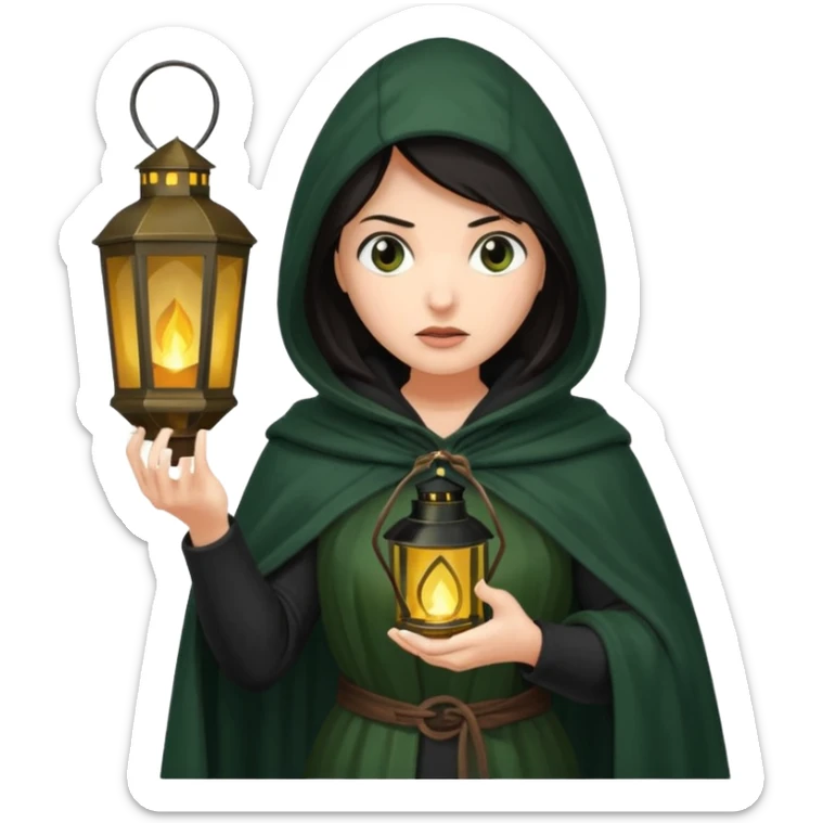 traitor tv show, dark haired woman wearing dark green cloak with hood up who looks very evil, is holding up a lantern, and looking down sticker