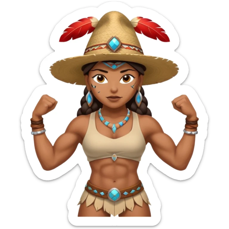 native american brown skin sexy girl, flexing muscles, full body, muscled, with traditional outfit and hat sticker