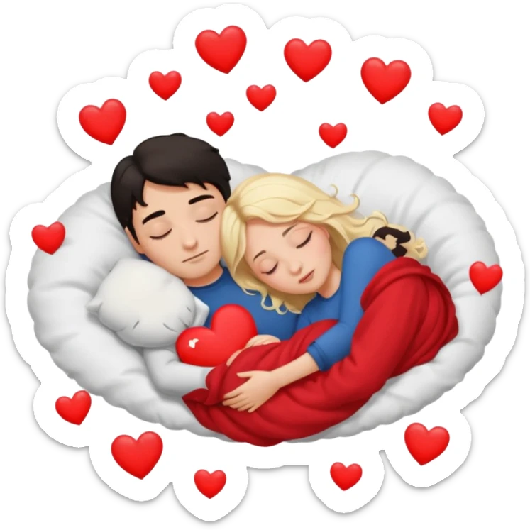 Sleeping couple. two people. man has dark hair. woman is blonde. hearts surrounding them. sticker