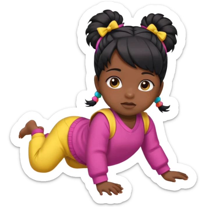 girl black twin tail baby wearing colorful clothes crawling on the floor sticker