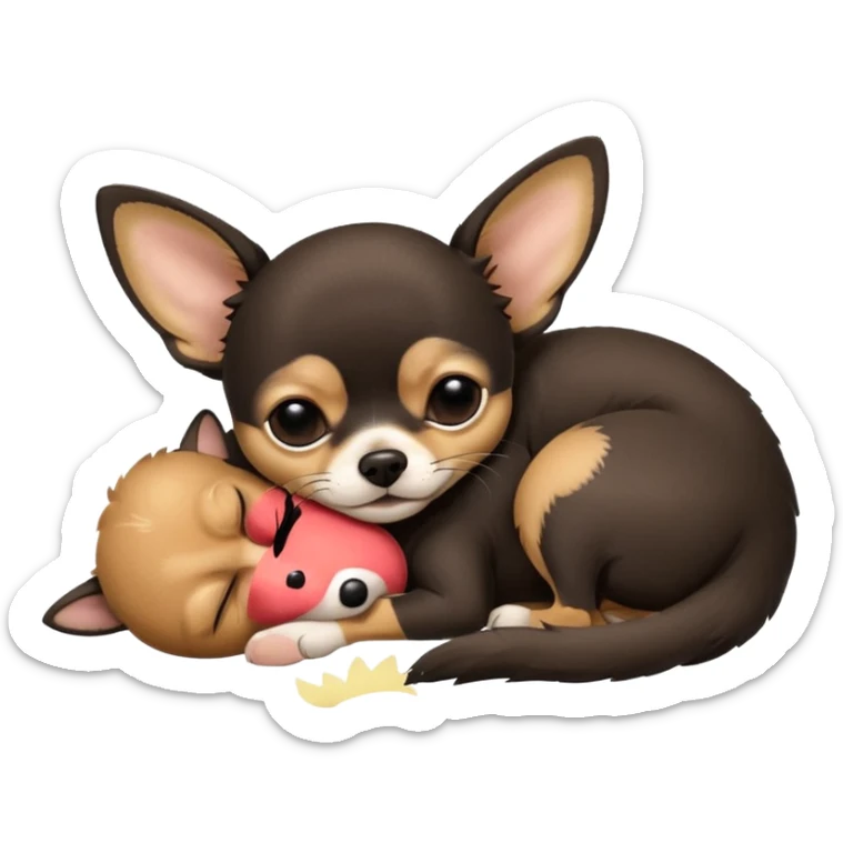 A high-resolution photo-realistic digital illustration of a  black tan chihuahua sleeping lazily on the ground sticker