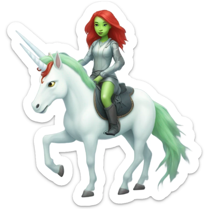 [politically incorrect
	{ woman: alien, color: light green, hair:red, eyes:cat} ]
	on a 
	[{ unicorn: white, legged:four, mane: light blue }] sticker