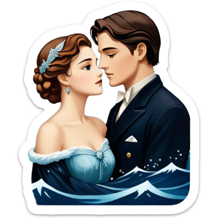 Icon for Titanic Movie: A vintage movie poster-style design featuring a dramatic scene of the ship, the iceberg, and a romantic silhouette of the main couple. Include elements like the ship’s bow, water splashes, and a starry sky in the background. Retro cinematic feel. Transparent background. sticker