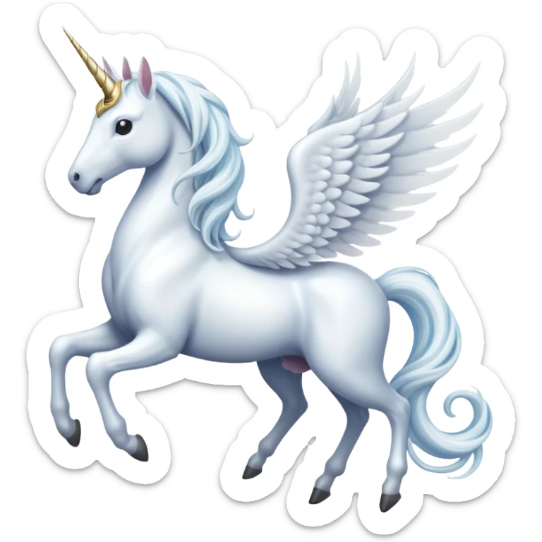All white Cinematic Noble Unicorn with wings, slender with a flowing mane and tail and spiraled horn sticker