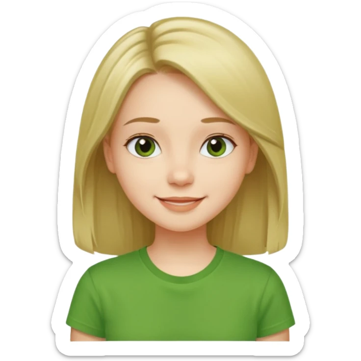 Young girl with straight, well-groomed, beautiful hair, wearing a green T-shirt, looking happy and cheerful. sticker