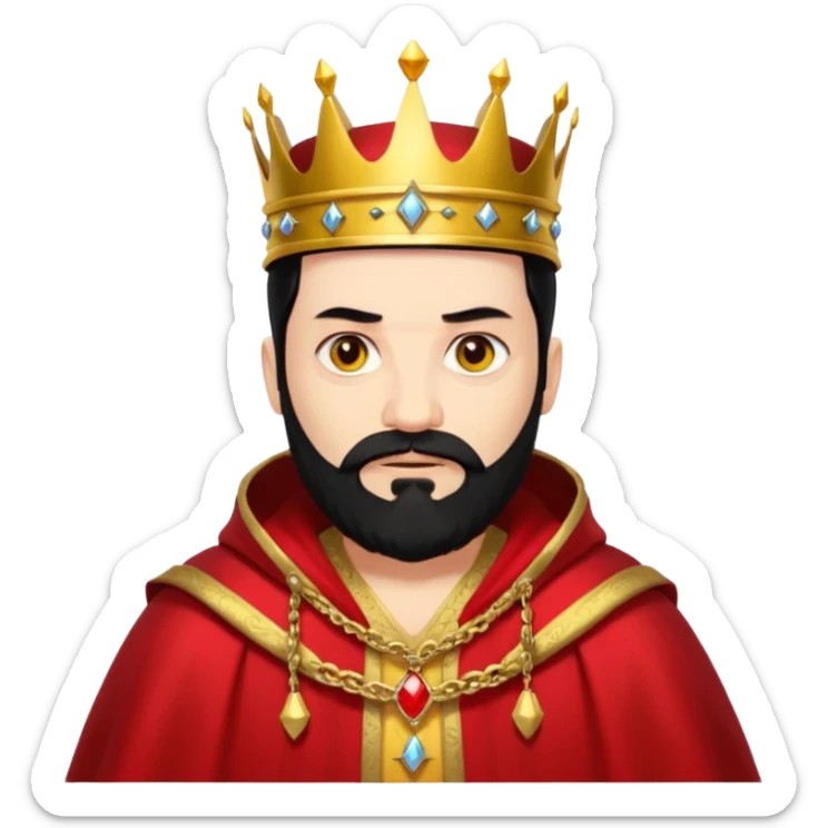

a yellow king, red eyes, 60 years old, black hair, black beard, wearing a crown, red robe, fierce face emoji
 sticker