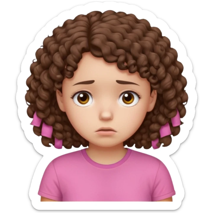 Young girl with curly hair and a pink T-shirt, looking sad and discouraged sticker