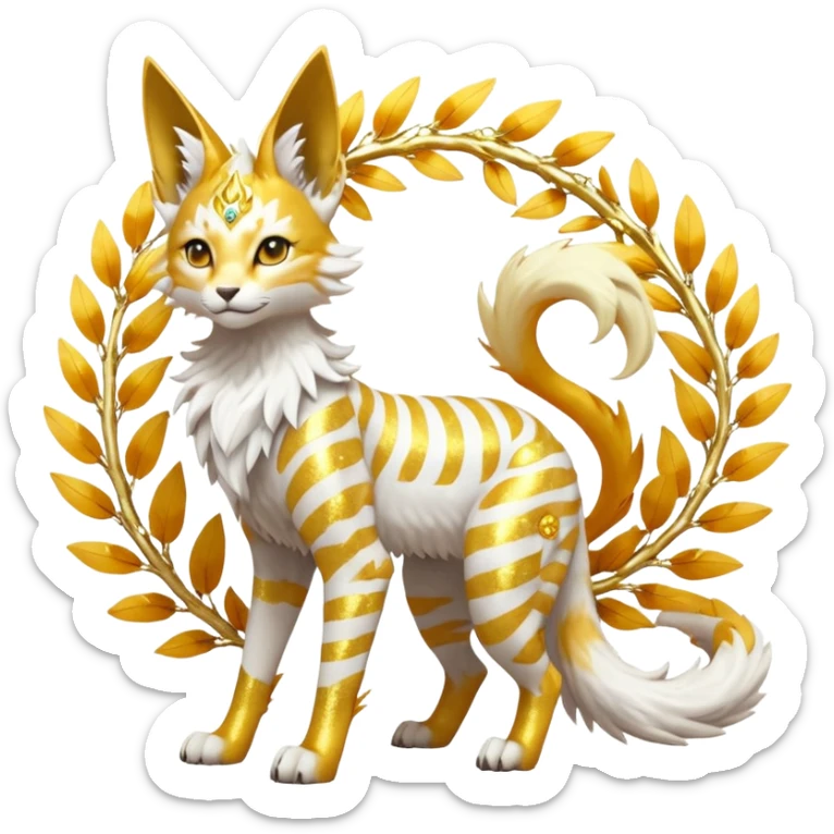 Epic complex fantasy glorious detailed futuristic divine godly angelic feathery sunny, white, albino, pastel, golden, orange glowing sparkly, realistic Fakémon-Sprigatito-Floragato-Meowscarada-Trico-Sergal-Serval-Solgaleo-Vernid-creature (full body) solarpunk, shiny sparkly with gold wreaths sticker