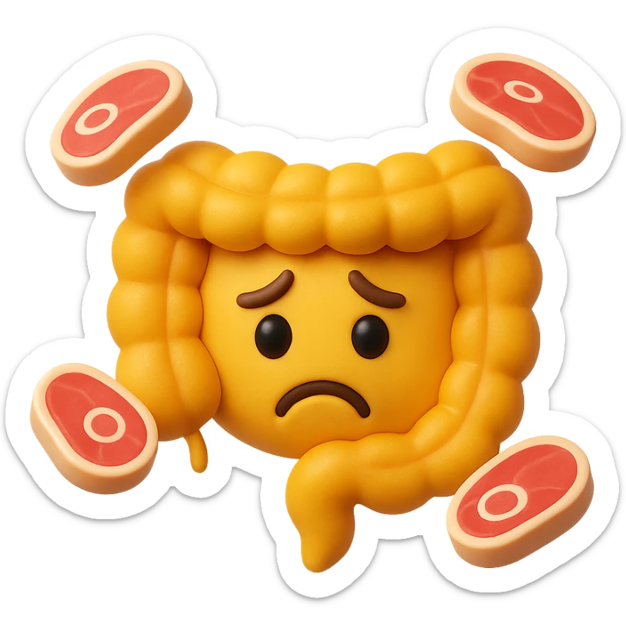 emoji stile iphone in 3d di un intestino triste con fette di carne che gli fluttuano intorno sticker