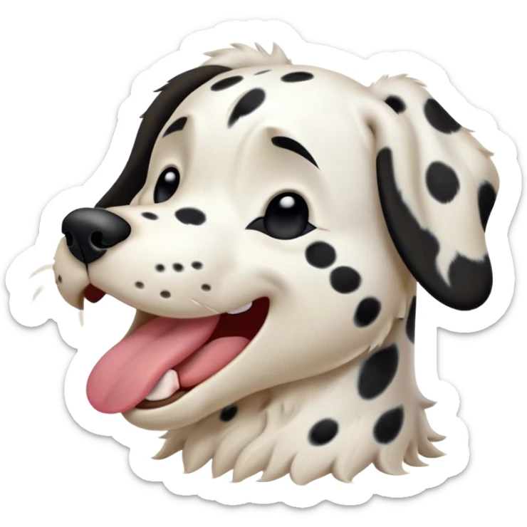 Cinematic Cute Yawning Spotted Dalmatian Portrait Emoji, Head tilted slightly with a dramatic, wide-open yawn, showcasing a smooth Fur of predominantly white with bold black patches, floppy ears slightly drooping, round eyes barely open in drowsy contentment, Simplified yet irresistibly adorable features, highly detailed, glowing with a soft, cozy glow, high shine, relaxed yet expressive, stylized with a touch of whimsy, bright and endearing, soft glowing outline, capturing the essence of a sleepy yet affectionate guardian, so drowsy it feels like it could stretch out of the screen and curl up for a nap! sticker