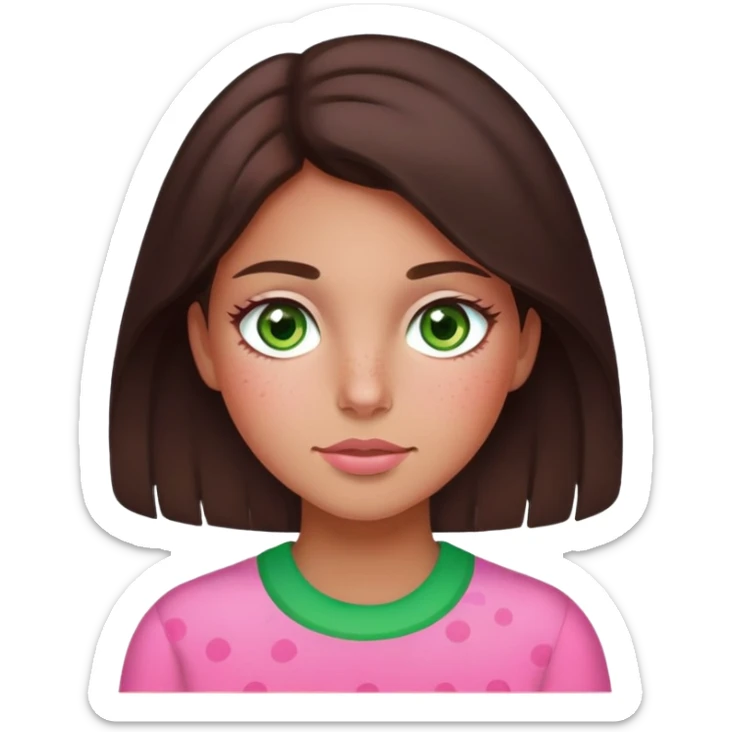 A girl with dark brown hair soft tan skin green eyes pink cheeks and freakles  sticker