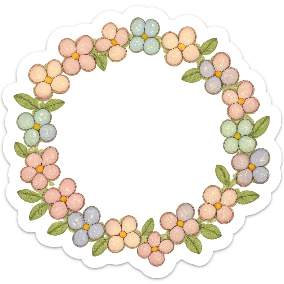 a floral wreath made of small pastel flowers with a few green leaves, Japanese hand-drawn, full object, transparent background sticker