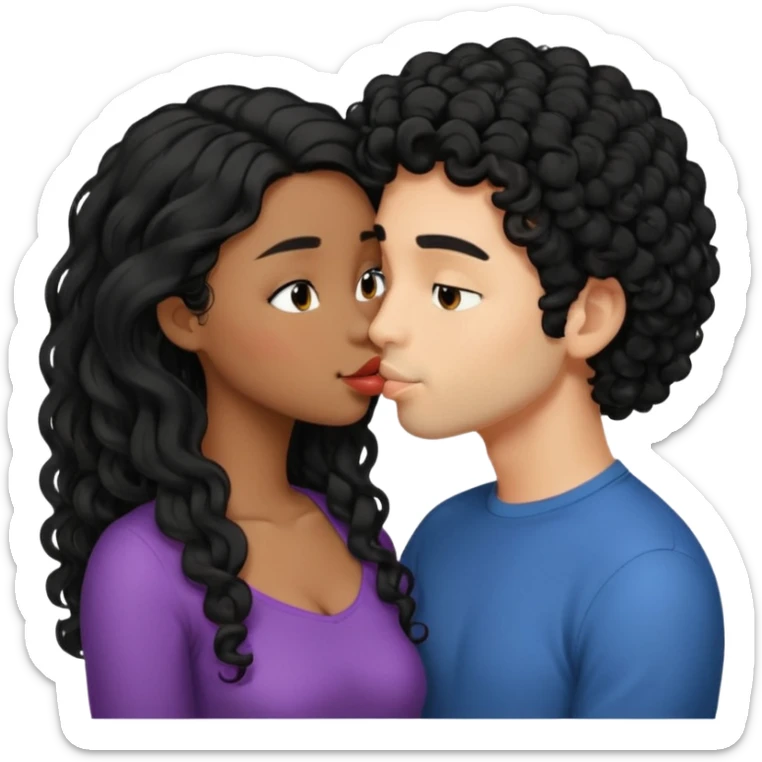 a straight short black hair man kissing a shorter girl with long black curly hair sticker