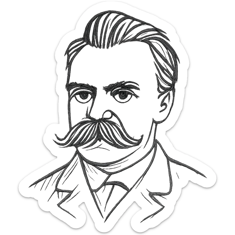 a hand drawn black outline portrait of philosopher Friderich Nietzsche with similar-sized eyes based a famous portrait of him sticker