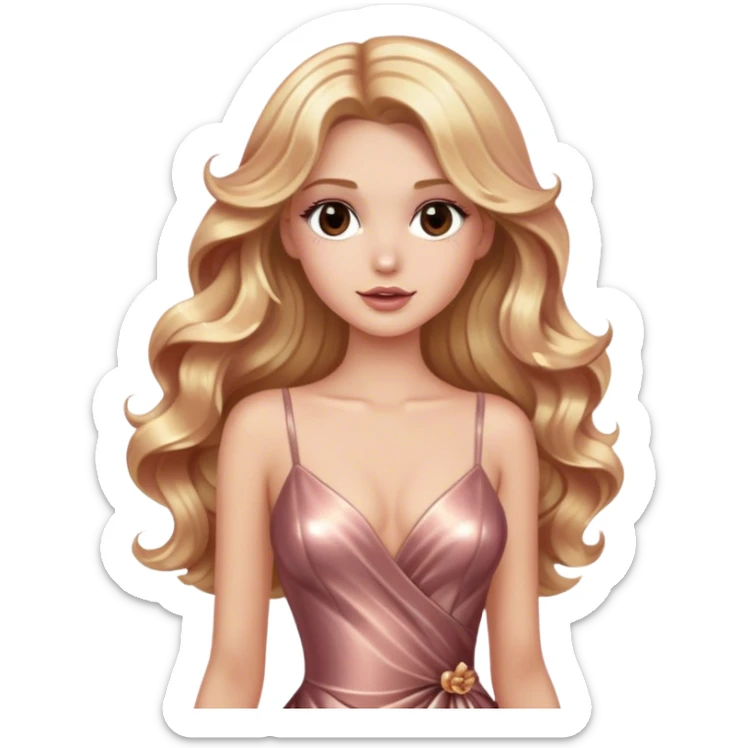 blonde model, brown eyes, long wavy hair, glamorous metallic rose gold gown sticker
