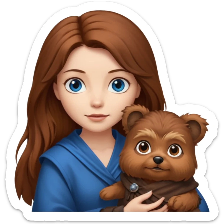 long hair chestnut color blue eyes woman holding small ewok dog sticker