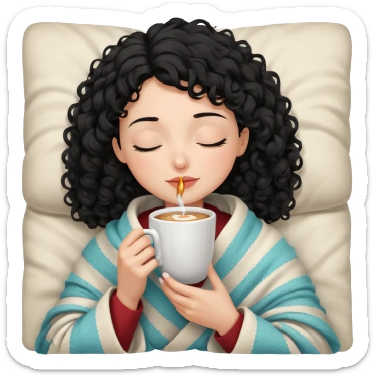 Gözleri kapalı, beyaz tenli ve kıvırcık siyah saçlı saç boyu orta omuzlarında bir kadın avatar, battaniyeye sarılmış halde beyaz bir Türk kahvesi fincanından içeceğini huzurla yudumluyor. sticker