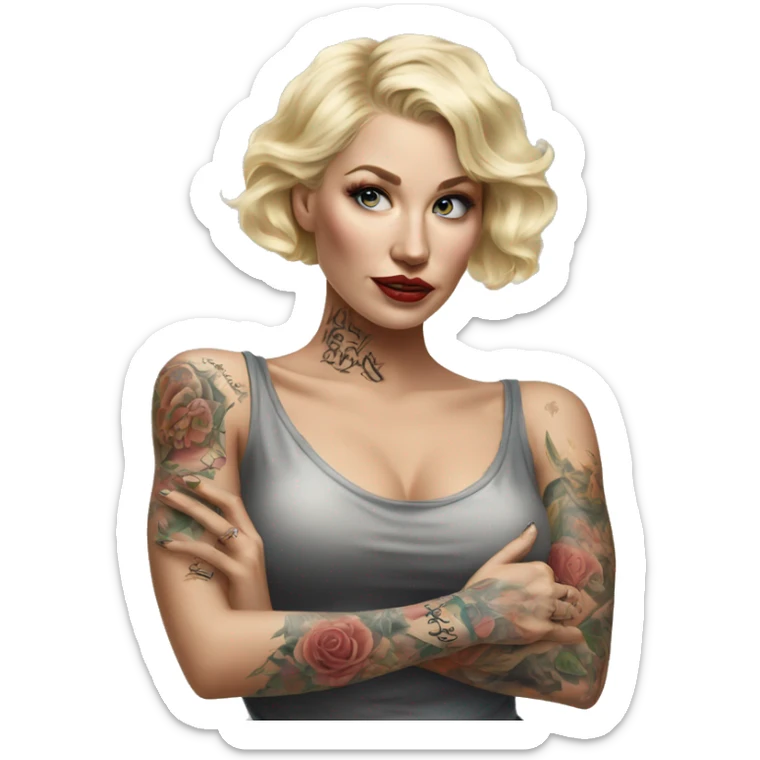 Blonde elegant women, her Body Covered with Tattoos, POINTING YOU with her ONE HAND , Hyper realistic sticker
