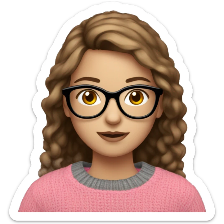 Russian Girl with brown hair and black glasses frame and pink sweater is working behind laptop sticker