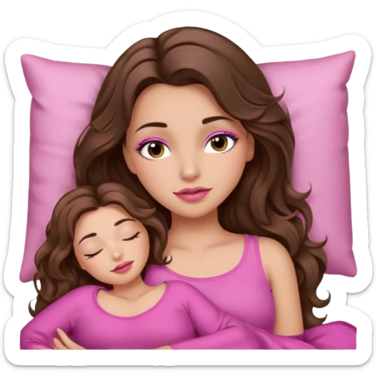 girl with long wavy brown hair, brown eyes, long lashes makeup, sexy pink lips, light to medium complexion, wearing a pink sexy top, sleeping sticker