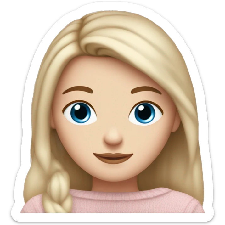 Pretty blue eyed white girl with brown hair with light pink sweater reading cozy sticker