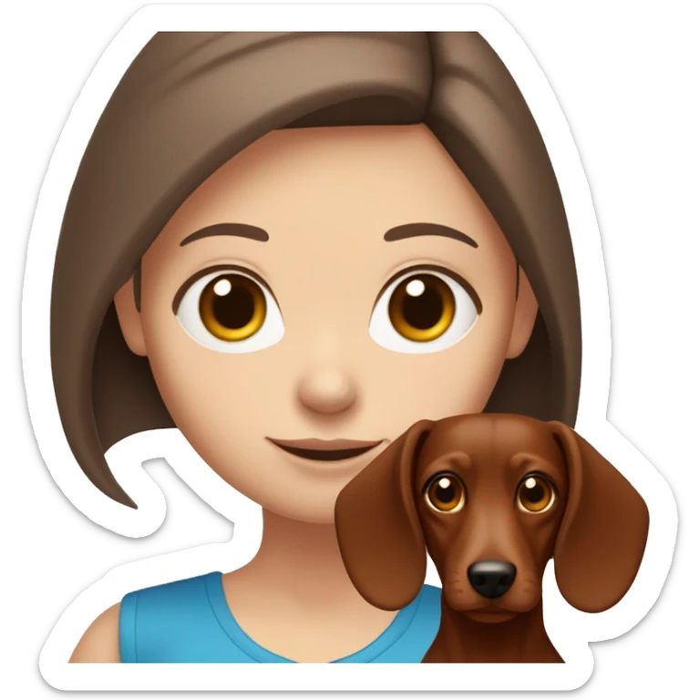 White girl with straight brown hair and blue eyes holding a red dachshund  sticker