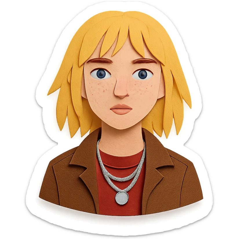 14-year-old girl with choppy blonde layers, armpit length, shortest at mouth, middle part, light freckles, blue eyes, defined cupid's brow, tight dark red top, brown leather jacket, necklaces sticker