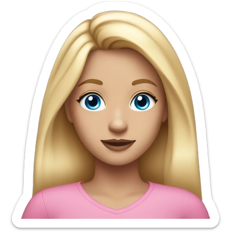 a girl with pretty makeup, long blonde hair, blue eyes and a pink shirt sticker