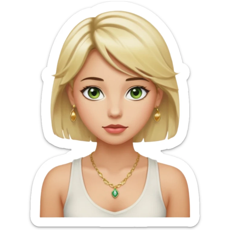 Girl with green eyes, blonde slightly wavy hair, sideswept bangs, darker roots, white but a bit tan, wearing white tank top, golden necklace and gold earrings, rosy cheeks and blushed lips sticker