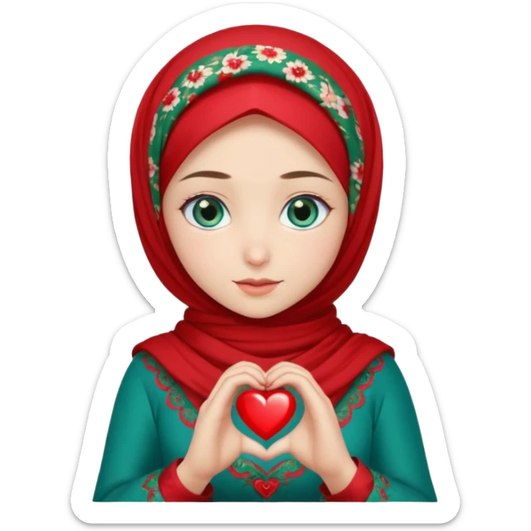 Turkish beautiful finish Konya girl blue eyes with red floral hijab and green red dress and she make heart with hands sticker