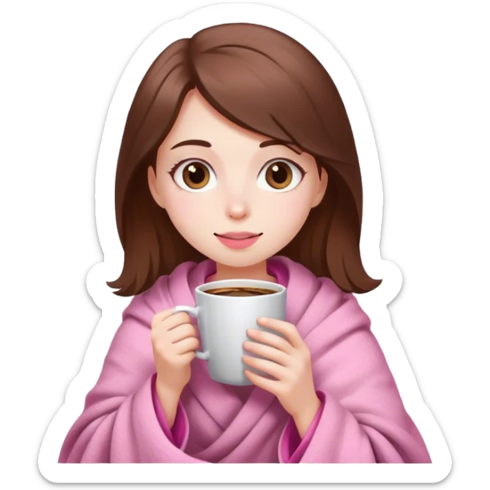 white brown hair pretty girl in a pink blanket sipping coffee sticker
