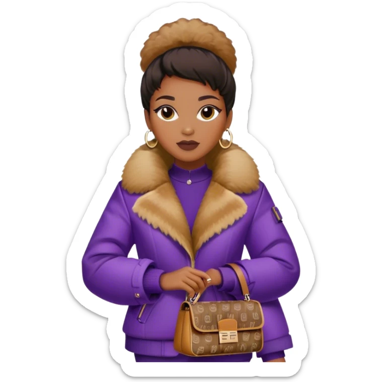 Beautiful black woman wearing a brown monogram Fendi jacket with a fur trim. She is carrying a purple Fendi baguette bag. I want the image to start at her head and end at the chest sticker