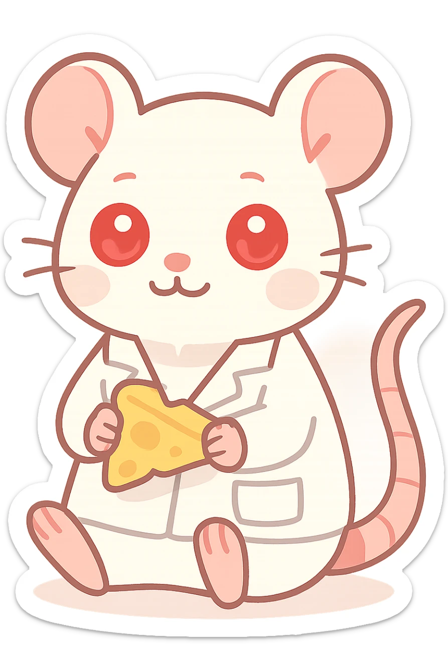 A happy lab rat with red glowing eyes, holding a piece of cheese, white fur, detailed paws and tail, wearing a tiny lab coat, cartoon style with scientific elements. sticker
