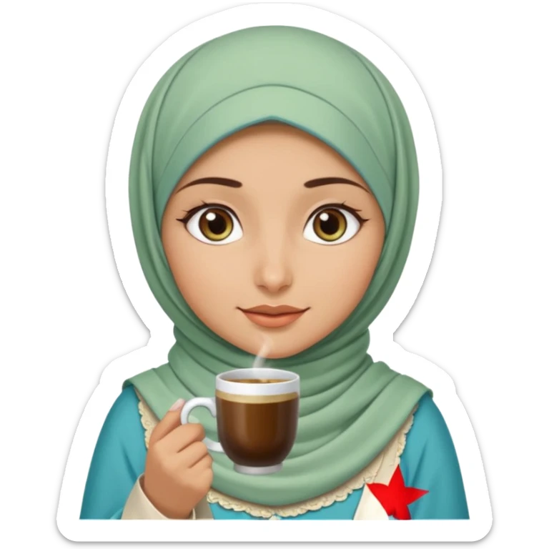 Turkish beautiful finish Konya girl blue eyes with beige and light green hijab islamic dress and had on her hand Turkish coffee sticker
