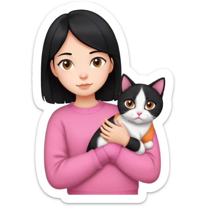 girl with black hair holding a tri-colored cat (black, orange, white) wearing a pink sweater sticker