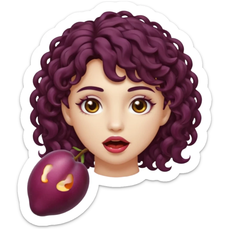 nude woman short curly brown mullet brown eyes white skin biting glowing plum sticker