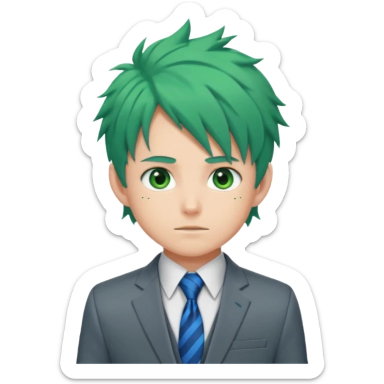 deku : boy anmie green hair green eyes in a ua gray jacket and blue tie suit with frenkles sticker