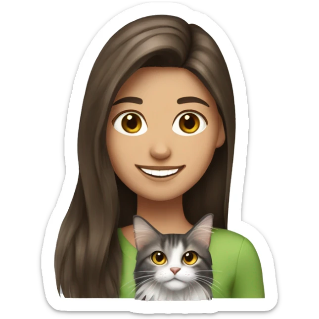 smiling straight brunette hair girl with Maine coon cat sticker