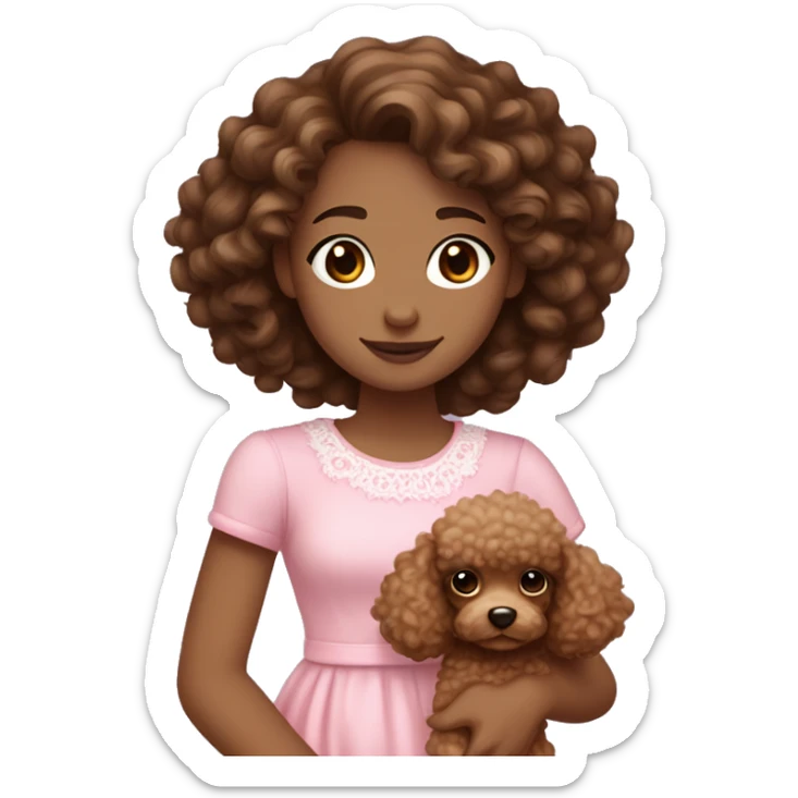 16 year old girl with brown medium length curly hair with white skin brown eyes and she is wearing a pink dress she is also holding a tiny poodle which is light brown with brown eyes￼   sticker