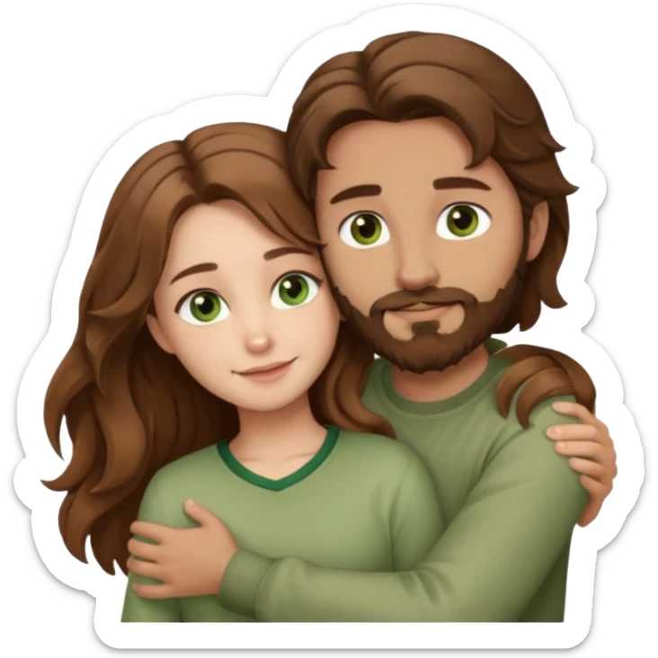 a man with  brown hair and brown beard with hazel eyes and a girl with long brown wavy hair with green eyes, togheter, with neutral clothes, hugged each other sticker