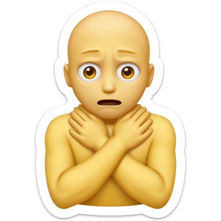 Yellow face emoji strangling itself with 2 arms crossed and hands saround neck and eyes looking up in fear sticker