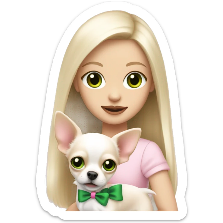 pale blond girl with long platinum hair with green eyes holding a white chihuahua puppy that wearing a pink bow sticker