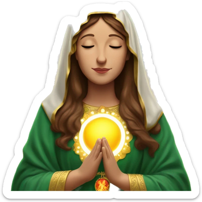 Virgin Mary: kind face looking down at the left, long brown hair, Wearing an emerald green  robe with gold stars and a burgundy red dress,  Hands in prayer or blessing. Halo around her head. standing in front of a big sun. colorful roses on the sides  sticker