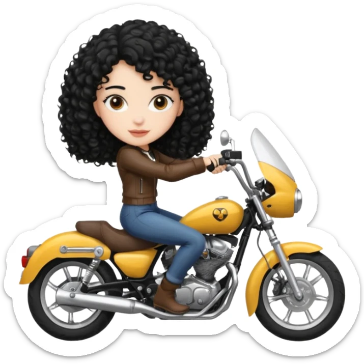 18 year old girl, black curly hair, white, dark brown eyes, riding a motorcycle sticker