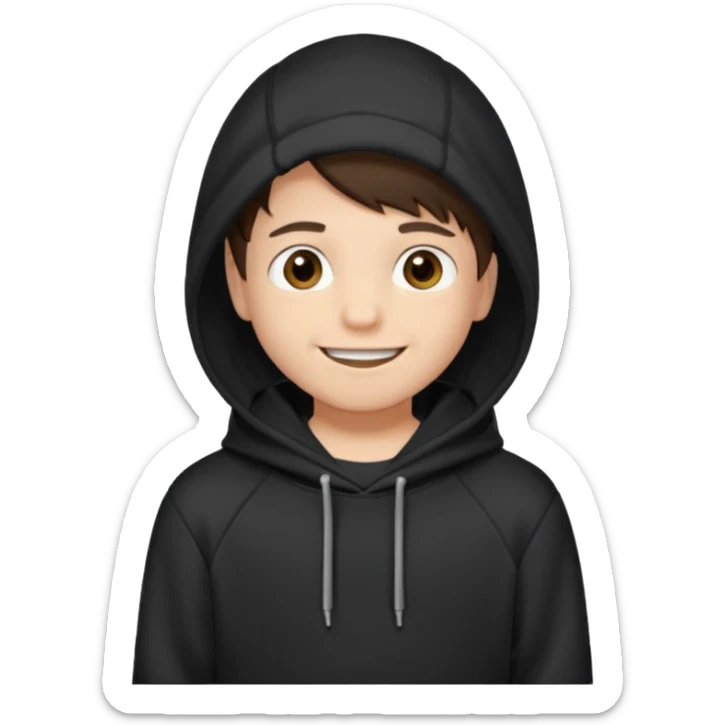 A brunette boy, short straight hair, light brown eyes, with a black sweatshirt with a hoodie, and smile without teeth  sticker