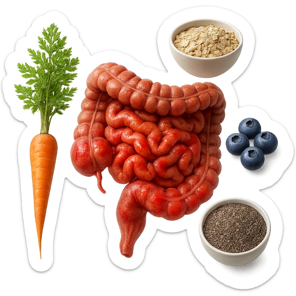 intestino umano anatomico infiammato al centro con carota, bowl di avena, mirtilli, bowl di semi di chia che gli fluttuano intorno , iperrealistico 4k sticker