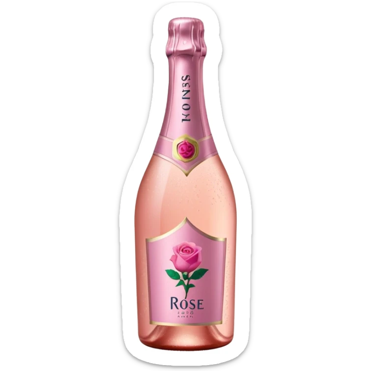 bottle of sparkling rosé with a rose logo on the label, tilted up and to the left, no glass sticker