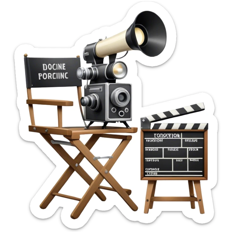 Icon for Directing: a director's chair, a film clapperboard, large movie camera, vintage megaphone and a stage with a spotlight. The icon should represent the creative and organizational aspects of directing, with focus on storytelling, staging, and performance. Transparent background. sticker